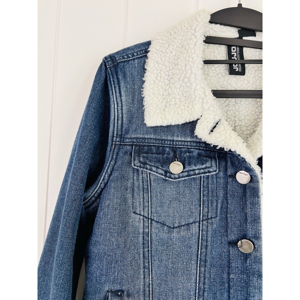 JouJou Blue Denim Fleece Lined Cropped Jean Jacket Y2K Size Medium - Picture 3 of 9